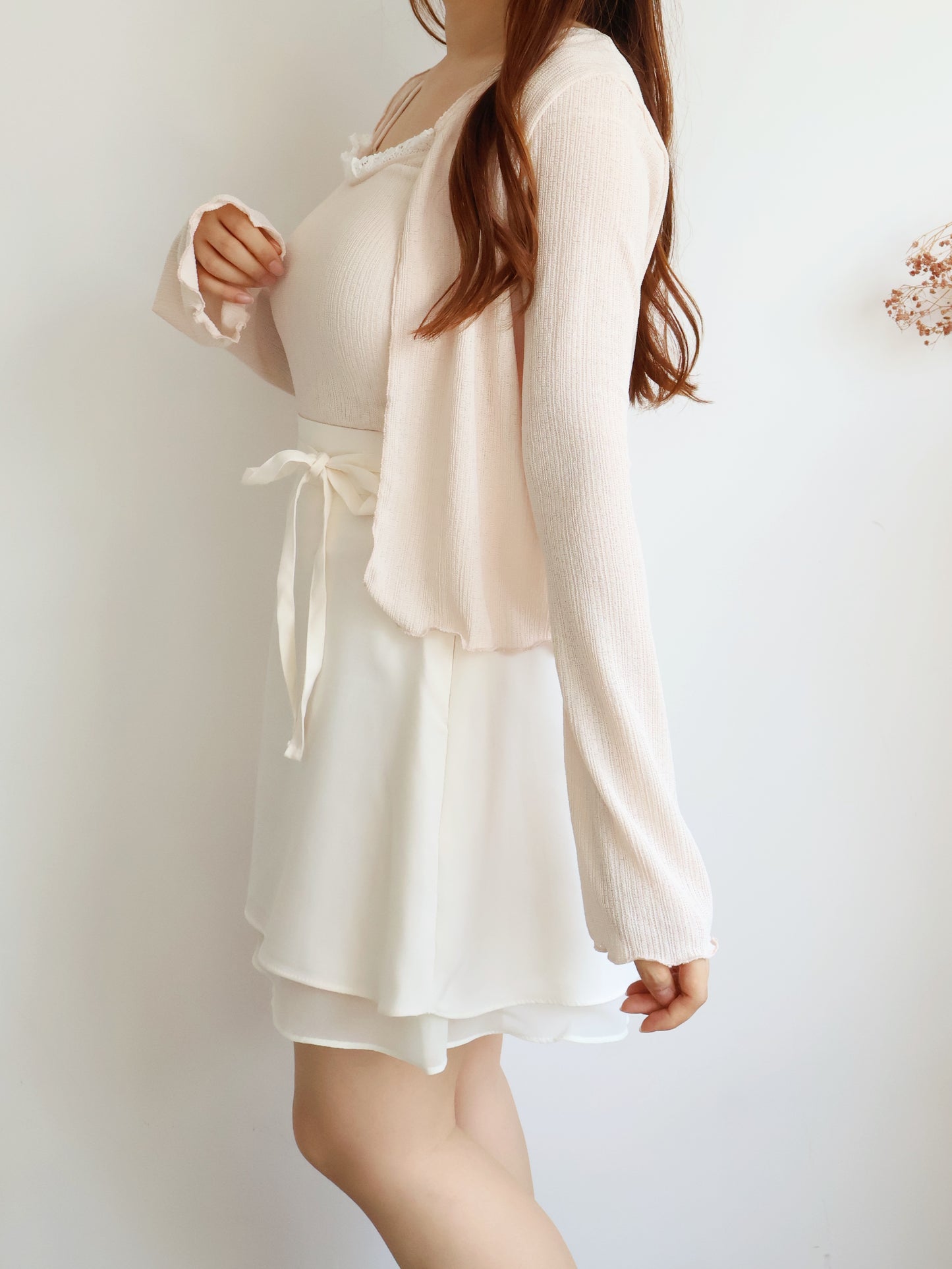 Pastel Lace-trim Cami & Cardigan 2-Piece Set(Peach)