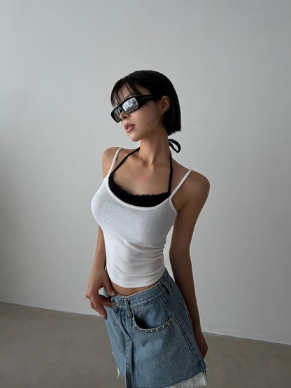 Layered Lace-Trim Halter Bra Top(4 Colors)