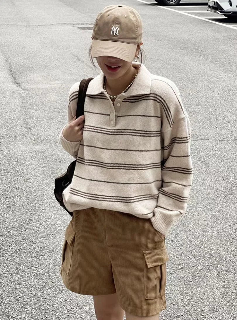 [5% WOOL] Collar Striped Loose Fit Sweater (4 colors)