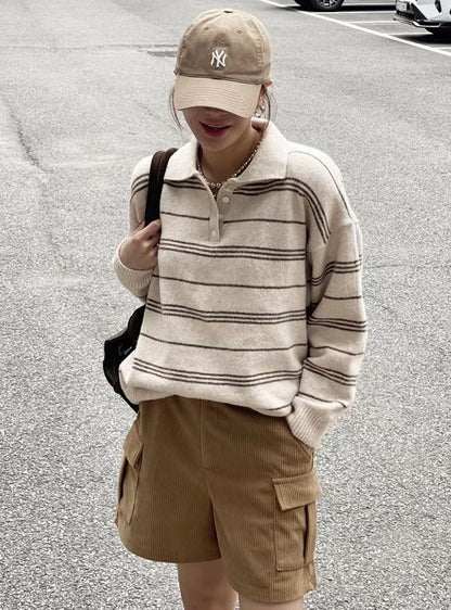 [5% WOOL] Collar Striped Loose Fit Sweater (4 colors)