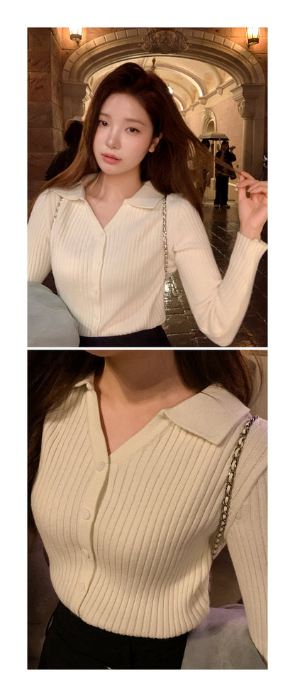 Sophisticated Collared Button-down Knit Top(4 colors)