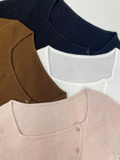 Square Neck Unbalanced Buttons Knit Top(4 colors)