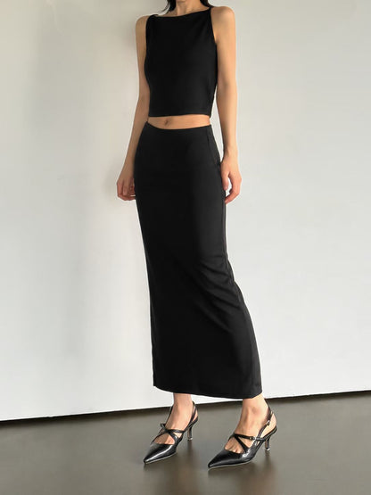 Cloud Touch Halter Tank Top + Hidden Elastic Waist Stretch Midi Skirt Set(4 Colors)