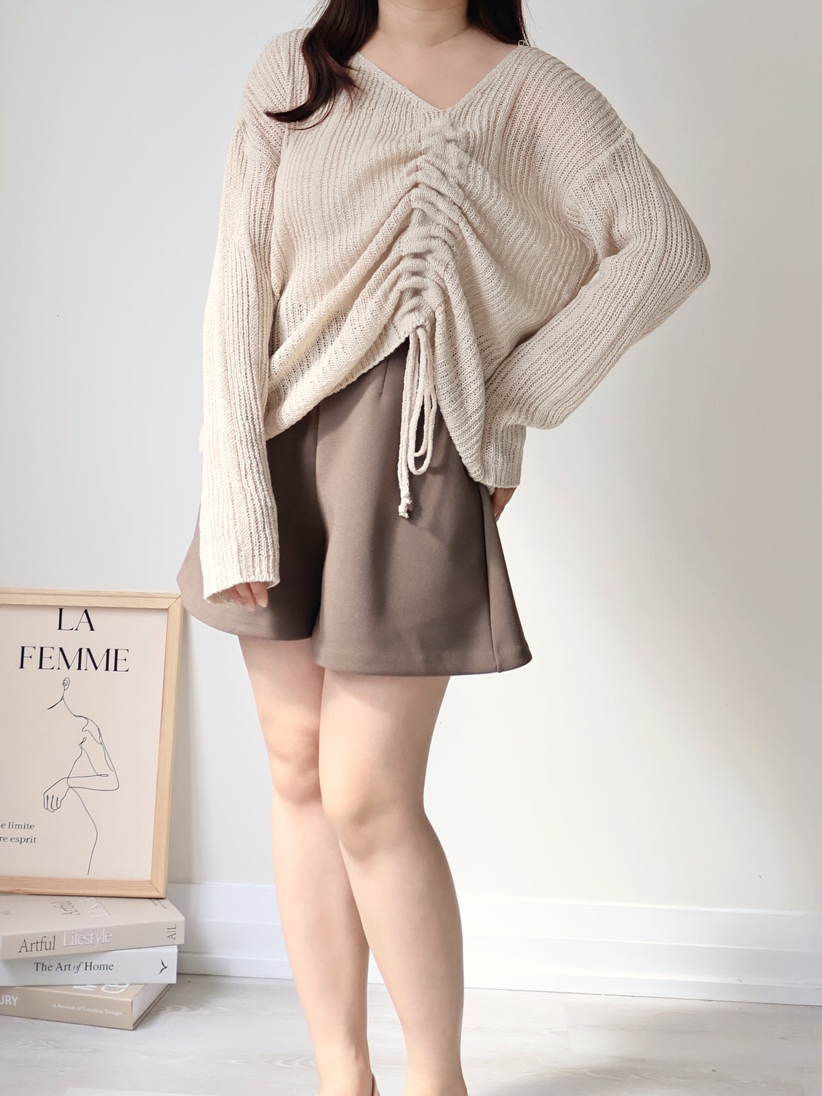 Effortless Drawstring Relaxed-Fit Knit Top(Beige)