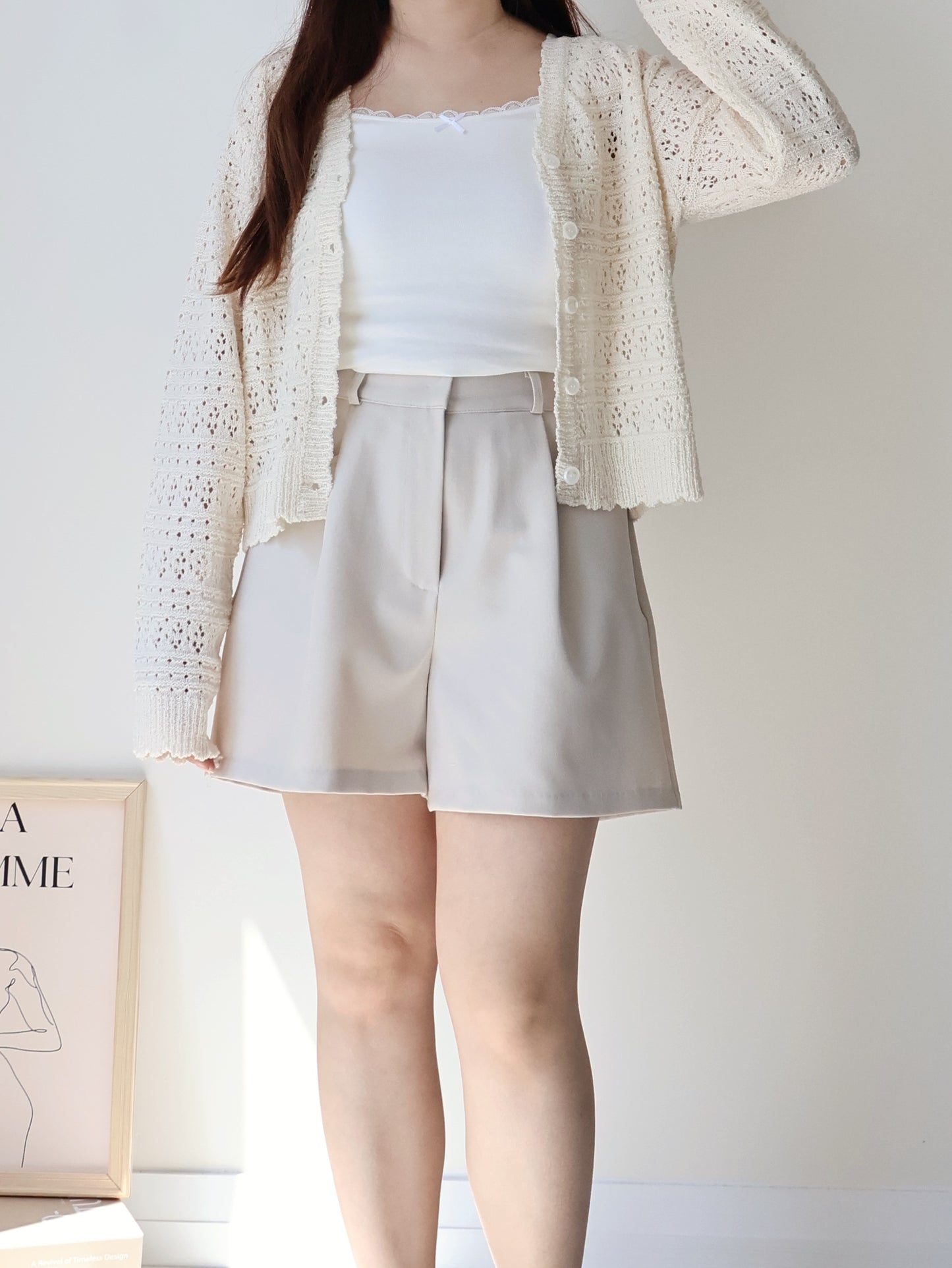 Romance V-Neck Eyelet Knit Cardigan(Beige)