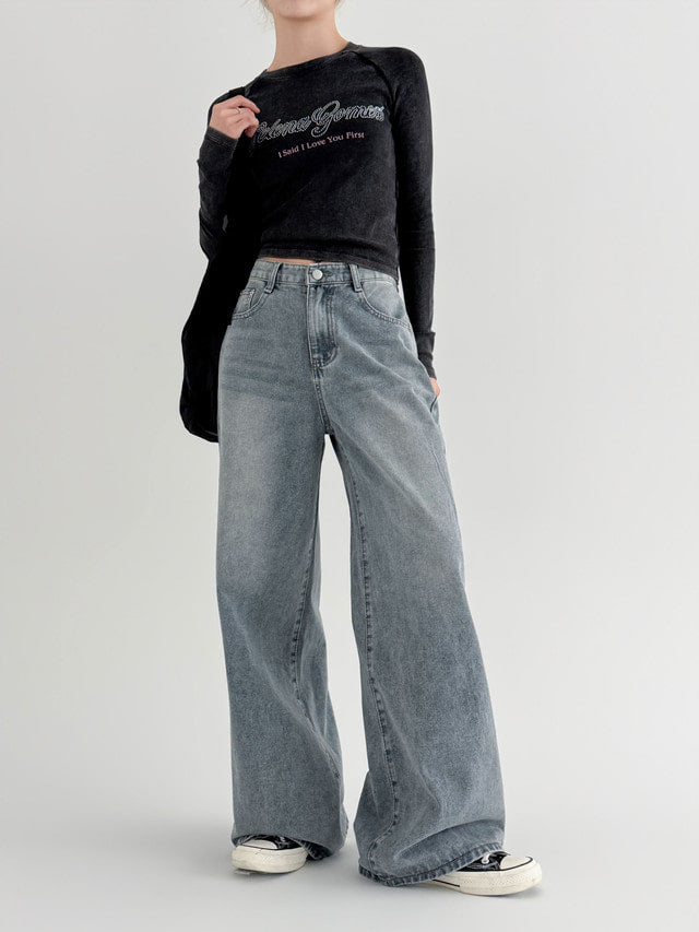 [S-2XL · 3 Lengths] Vintage-Wash Wide-Leg Denim Pants(Dusty blue)