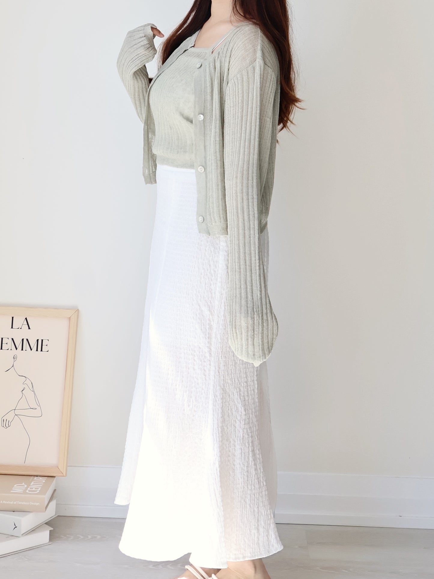 Breezy Cooling Linen Cami + Shell Button Cardigan Set(Matcha)