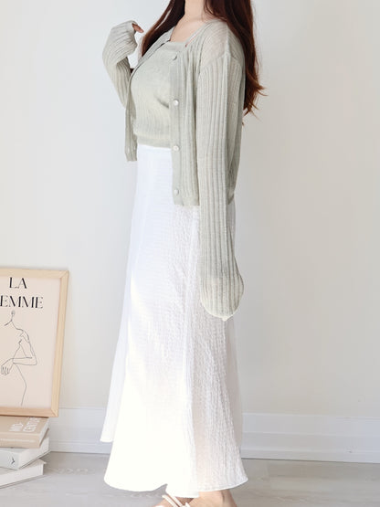 Breezy Cooling Linen Cami + Shell Button Cardigan Set(Matcha)