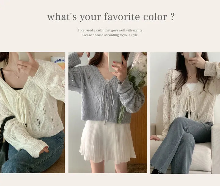 V-Neck Pointelle Tie-Front Knit Cardigan(5 colors)