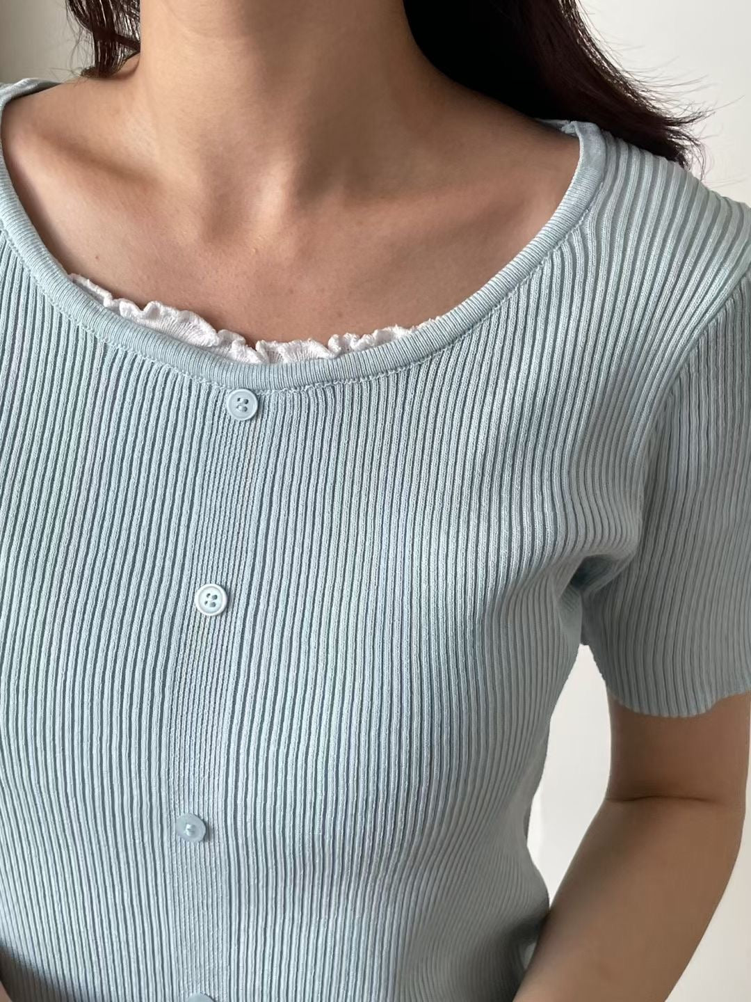 Romantic Lettuce-Trim Ribbed Knit Top(4 colors)