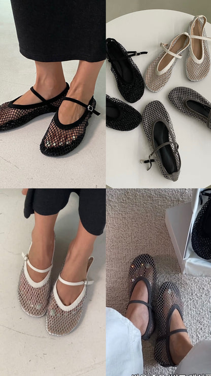 French Sparkle Mesh Mary Jane Flats(3 colors)