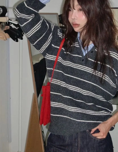 [5% WOOL] Collar Striped Loose Fit Sweater (4 colors)