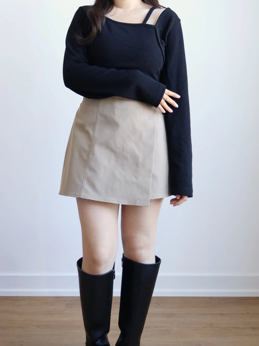 Ribbed Asymmetrical String T-shirt(Black)