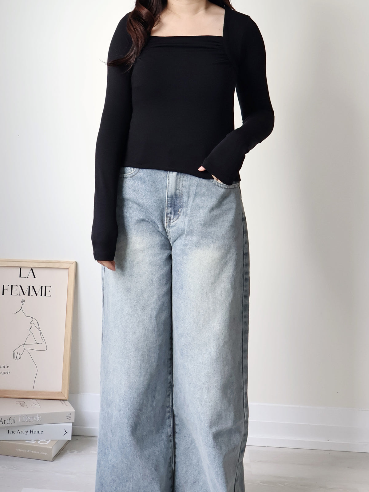 Square-Neck Pleated High-Stretch Top(Black)