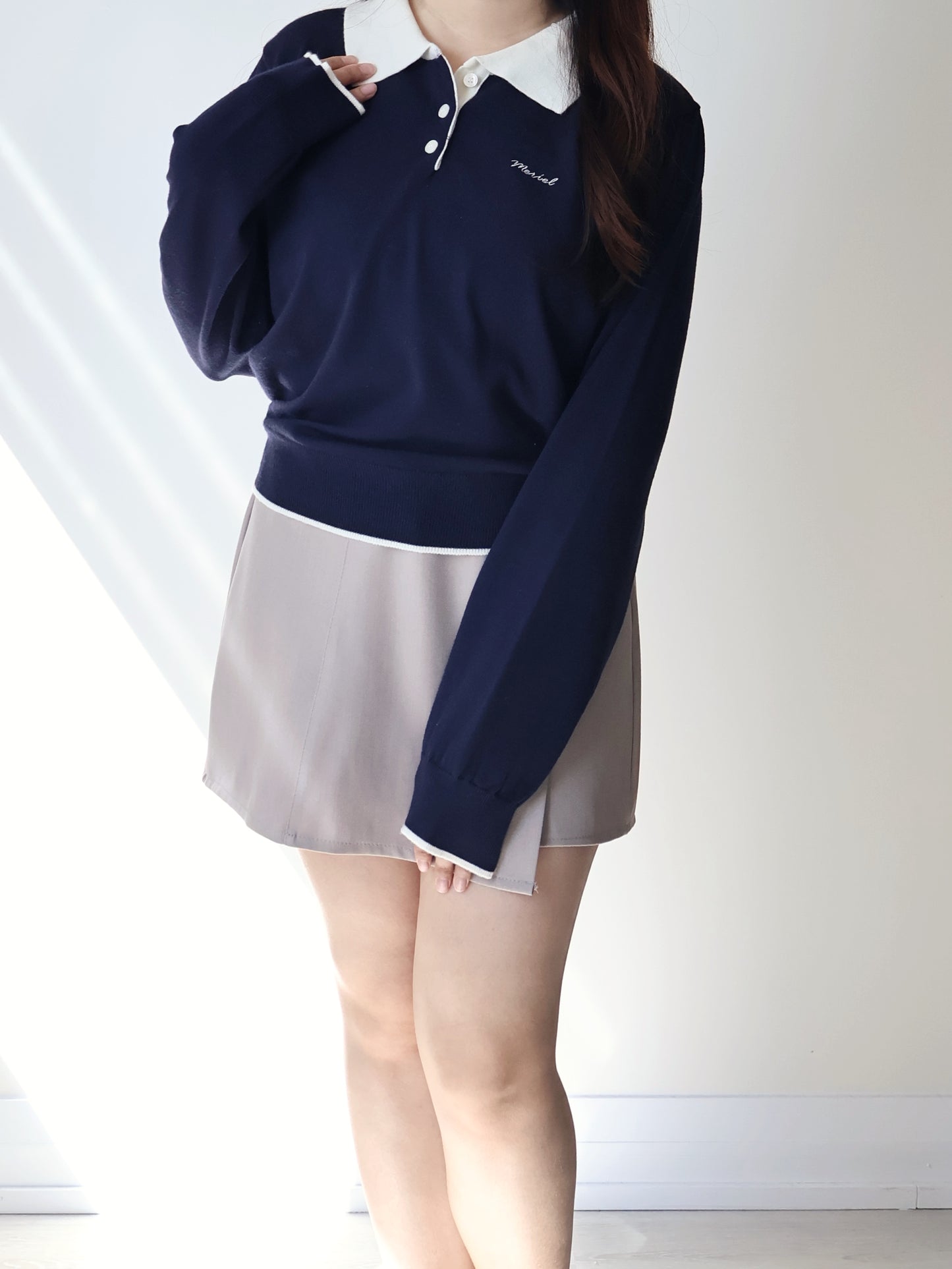 Teddy Collar Colour-Block Embroidered Soft Sweater(Navy)