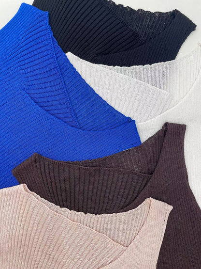 Simple Asymmetric-Neck Linen Knit Tank(5 Colors)