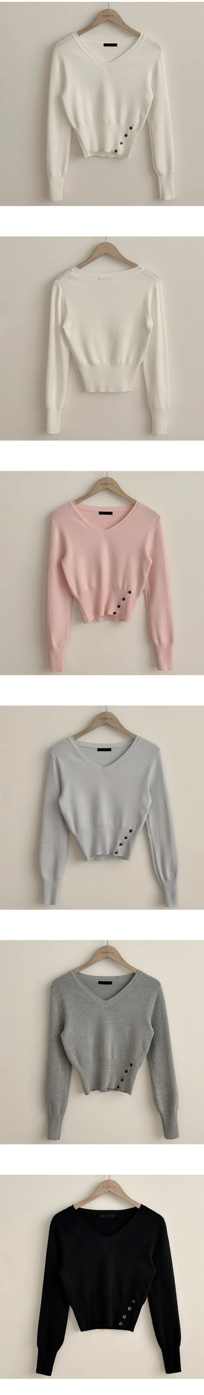 V-Neck Buttons Cinched-Waist Knit Top(5 colors)