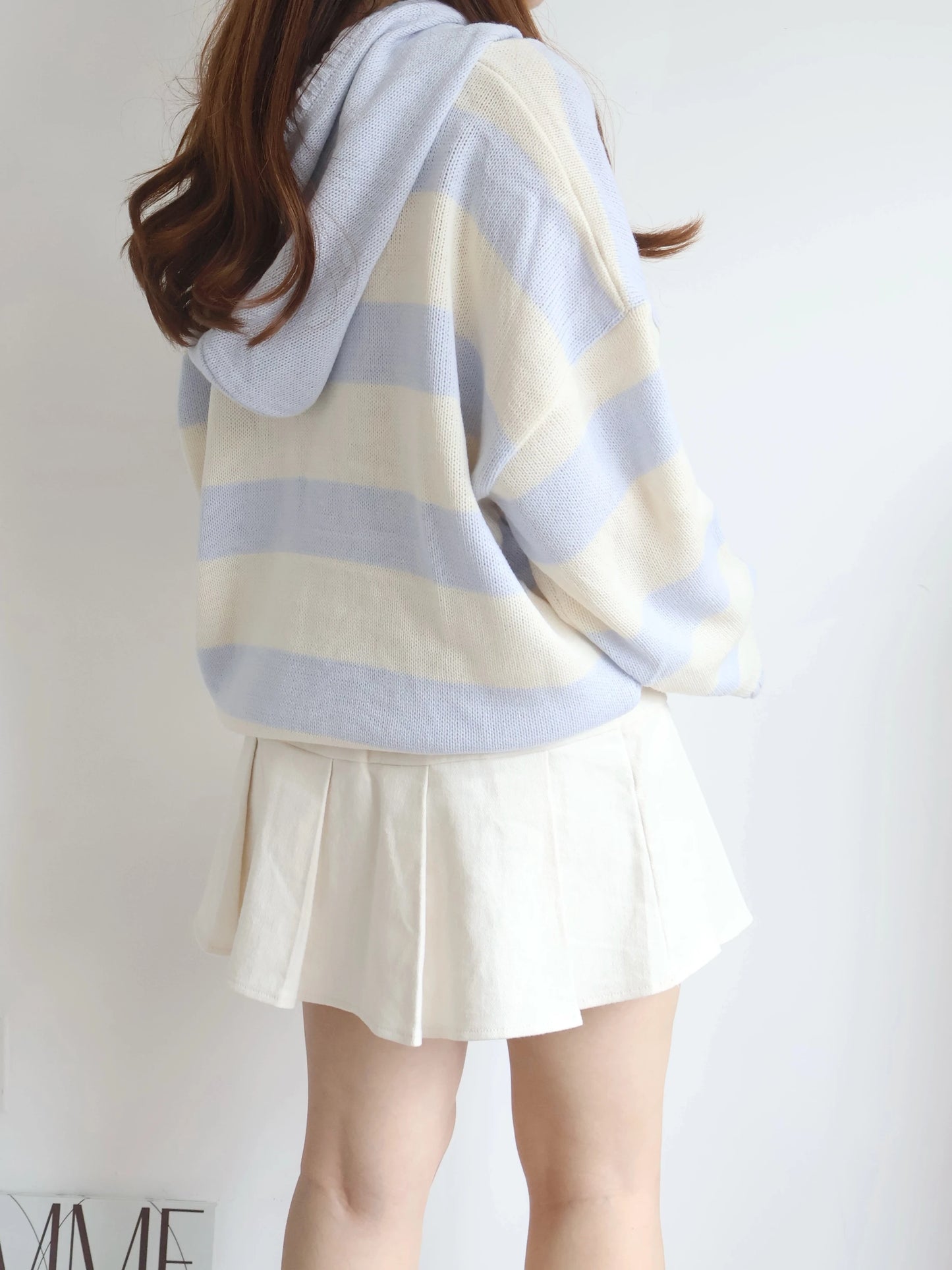 Misty Striped Knit Hoodie(Cream x Sky Blue)