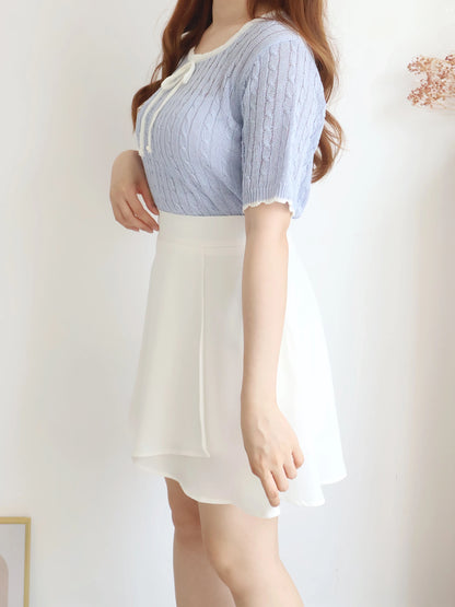 Romantic Square-Neck Contrast-Trim Bow Cable Knit Top(Skyblue)