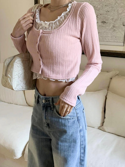 Balletcore Lace Faux-Layer Cropped Top(3 colors)