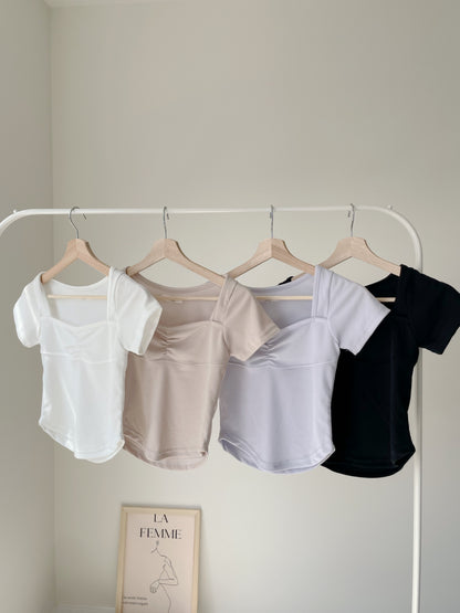 Ruched Square-Neck Slimming Tee(Beige)