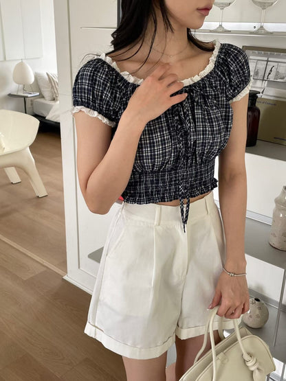 Cottagecore Lace Plaid Puff Sleeve Blouse(3 colors)