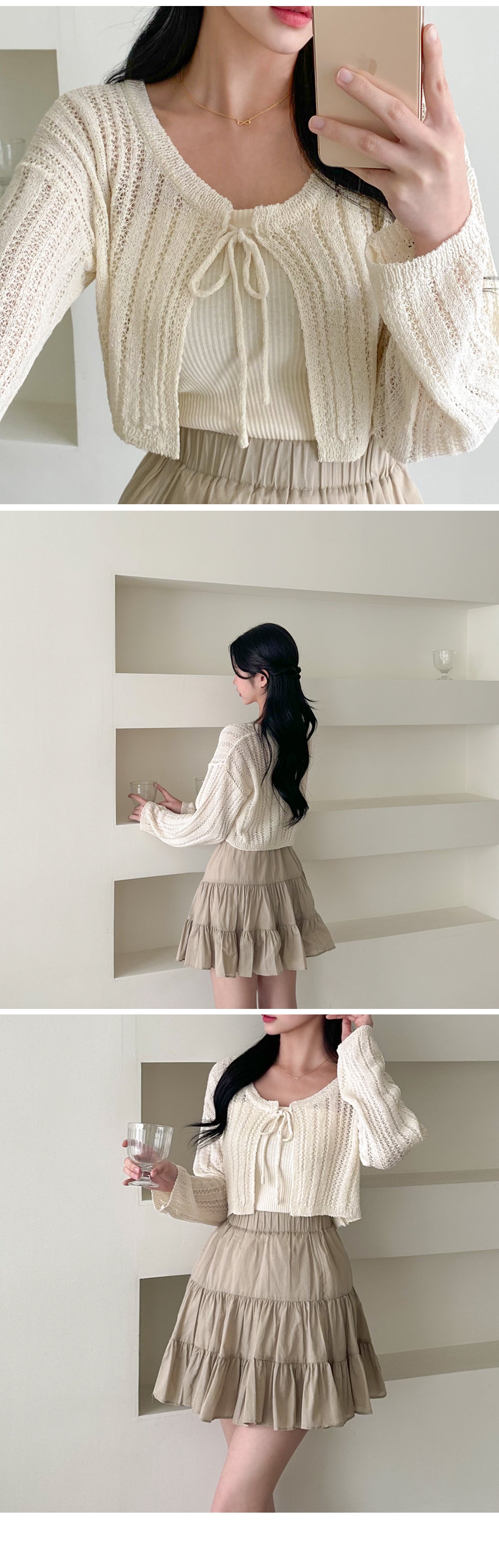 Romantic Ribbon Pointelle Knit Cropped Cardigan(5 colors)