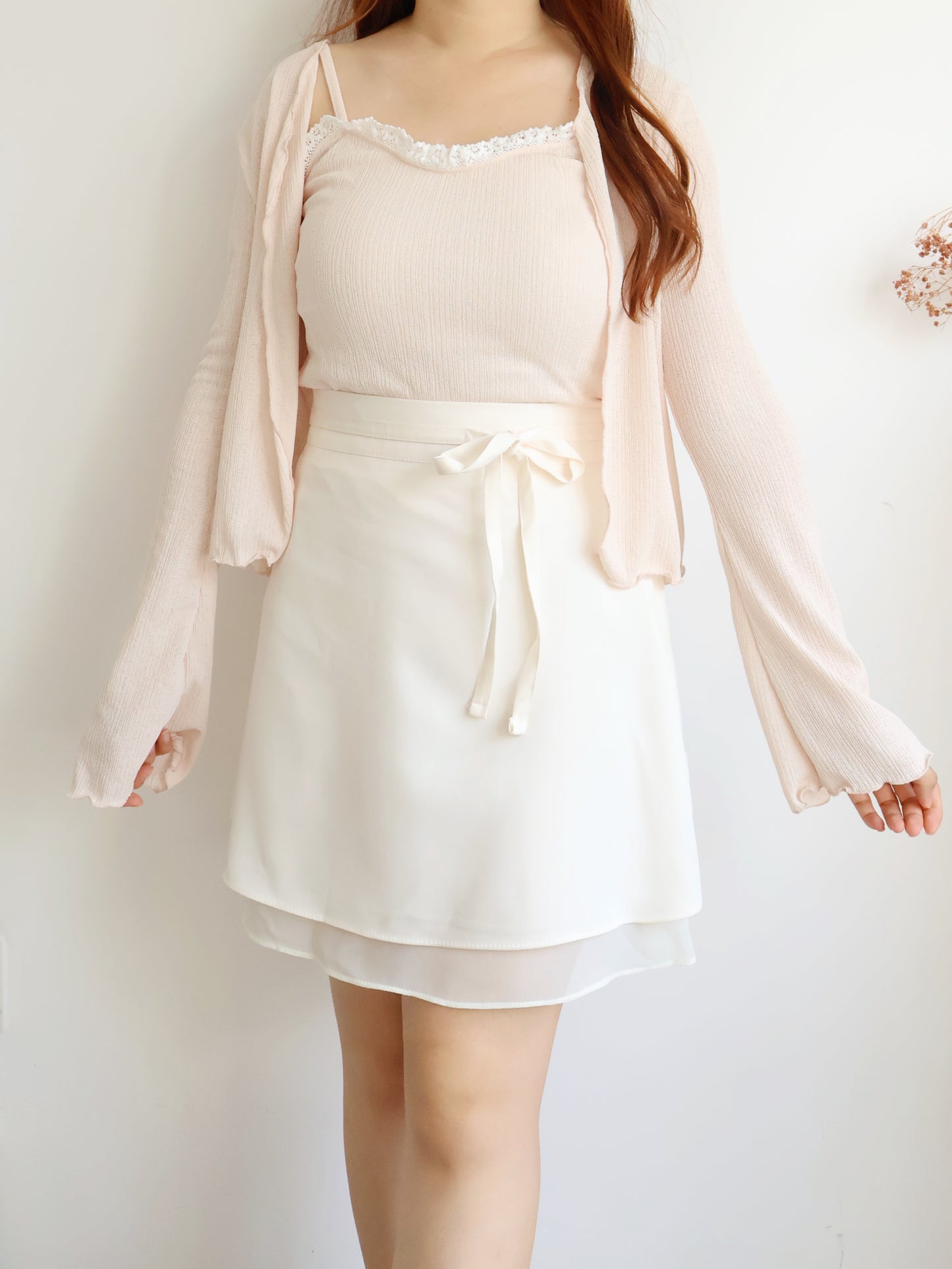 Pastel Lace-trim Cami & Cardigan 2-Piece Set(Peach)