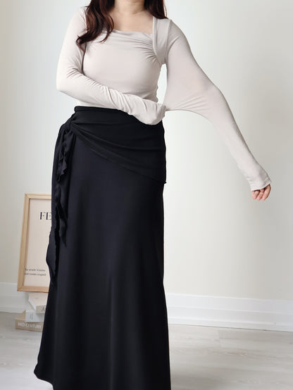 Square-Neck Pleated High-Stretch Top(Beige)
