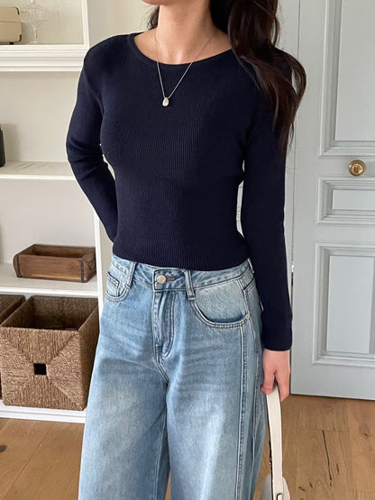 Elegant Boat Neck Open-Back Knit Top(4 colors)