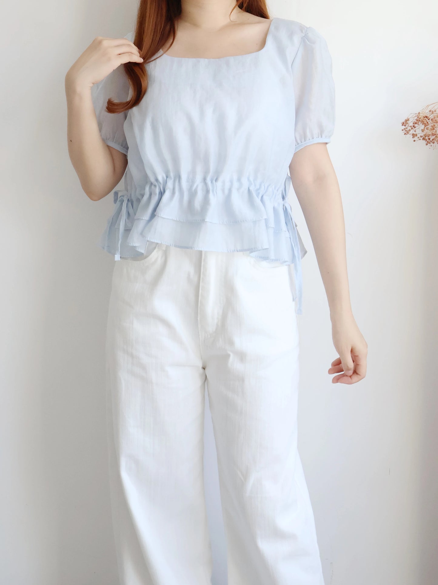 Airy Square-Neck Cinched Chiffon Blouse(Sky blue)