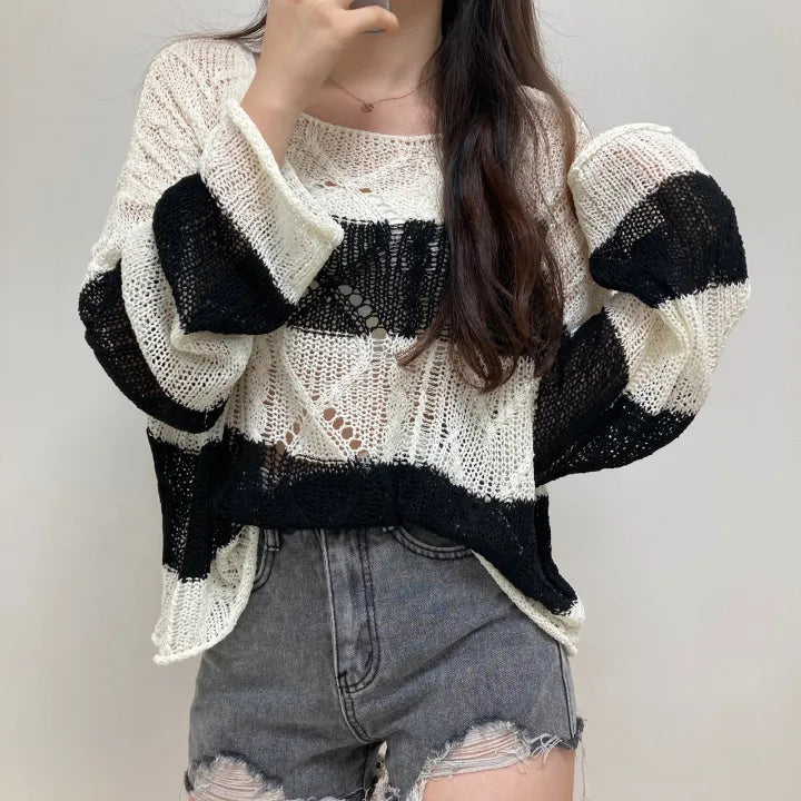 Soft Cable-Knit Colour-Block Top(Black)