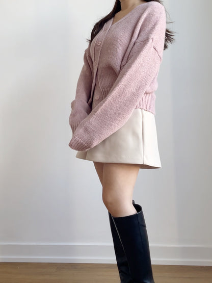[10% WOOL] V-neck Warm Knit Cardigan (Pinkish purple)
