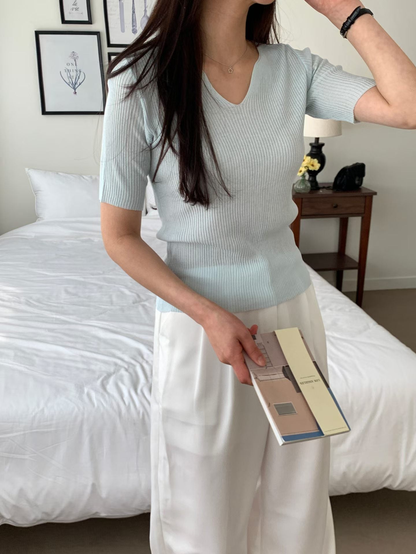 V-Neck Textured Stretch Cooling Knit Top(5 colors)