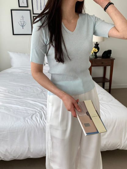 V-Neck Textured Stretch Cooling Knit Top(5 colors)