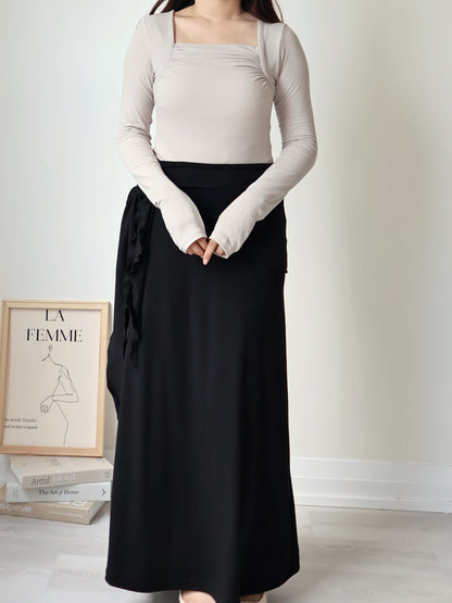 Square-Neck Pleated High-Stretch Top(Beige)