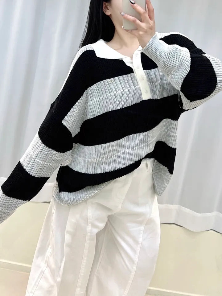 Relaxed Stripe Knit Top with Lapel Collar(4 colors)