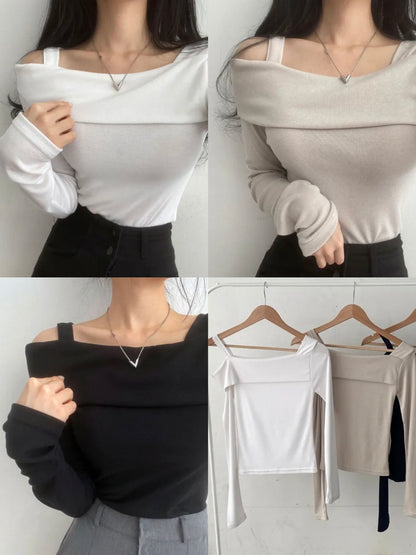 [Warm Fleece] Asymmetrical Neckline One-Shoulder Top(Ivory)