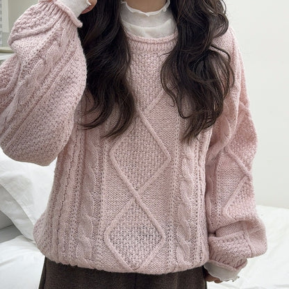 Round Neck Cable Knit Sweater(4 colors)