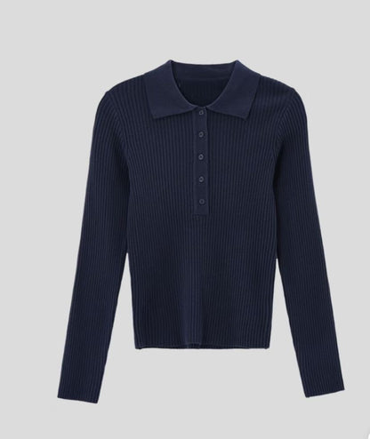 Sophisticated Stretch Polo Rib-Knit Top(4 colors)