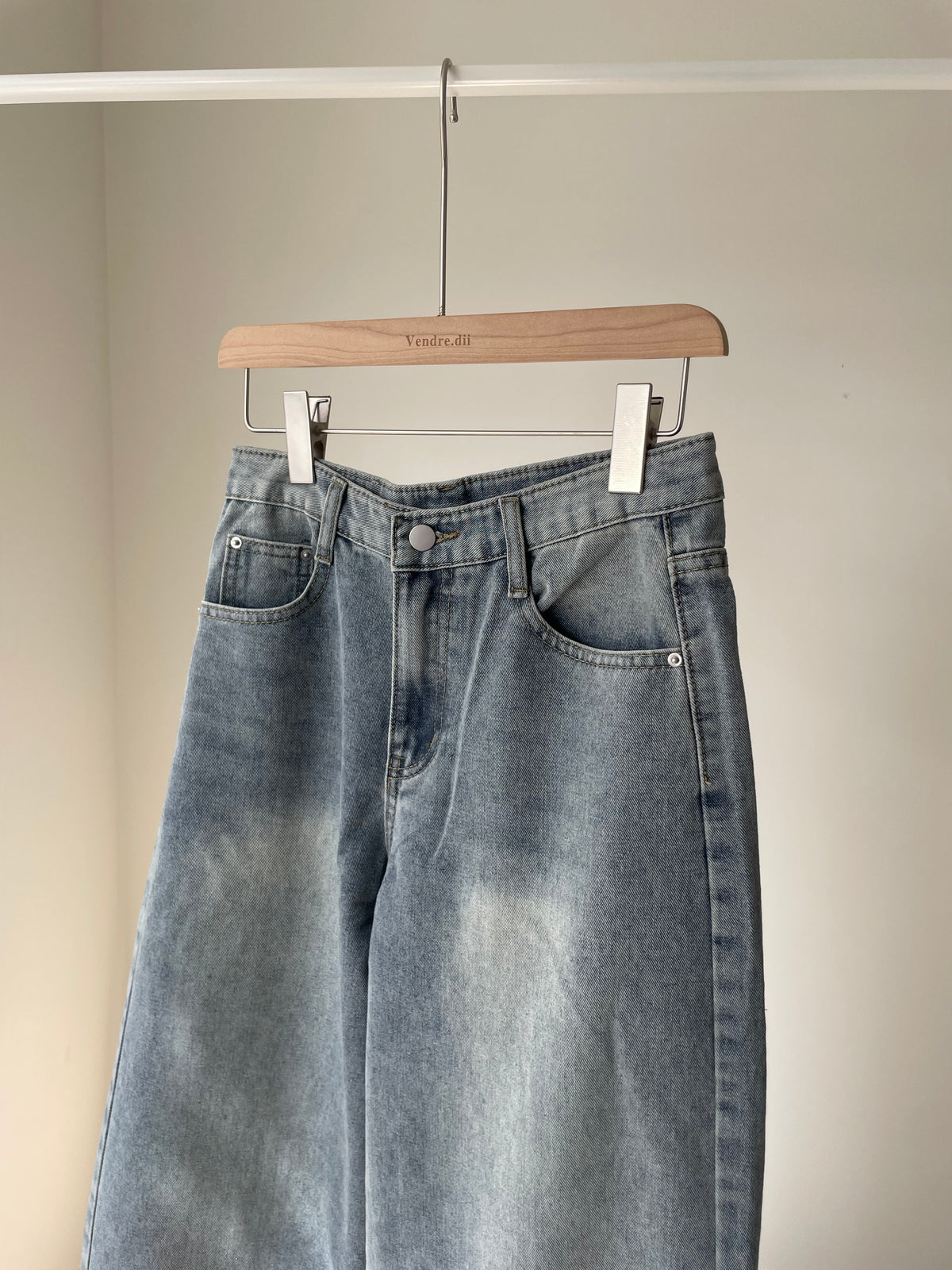 [S-2XL · 3 Lengths] Vintage-Wash Wide-Leg Denim Pants(Dusty blue)