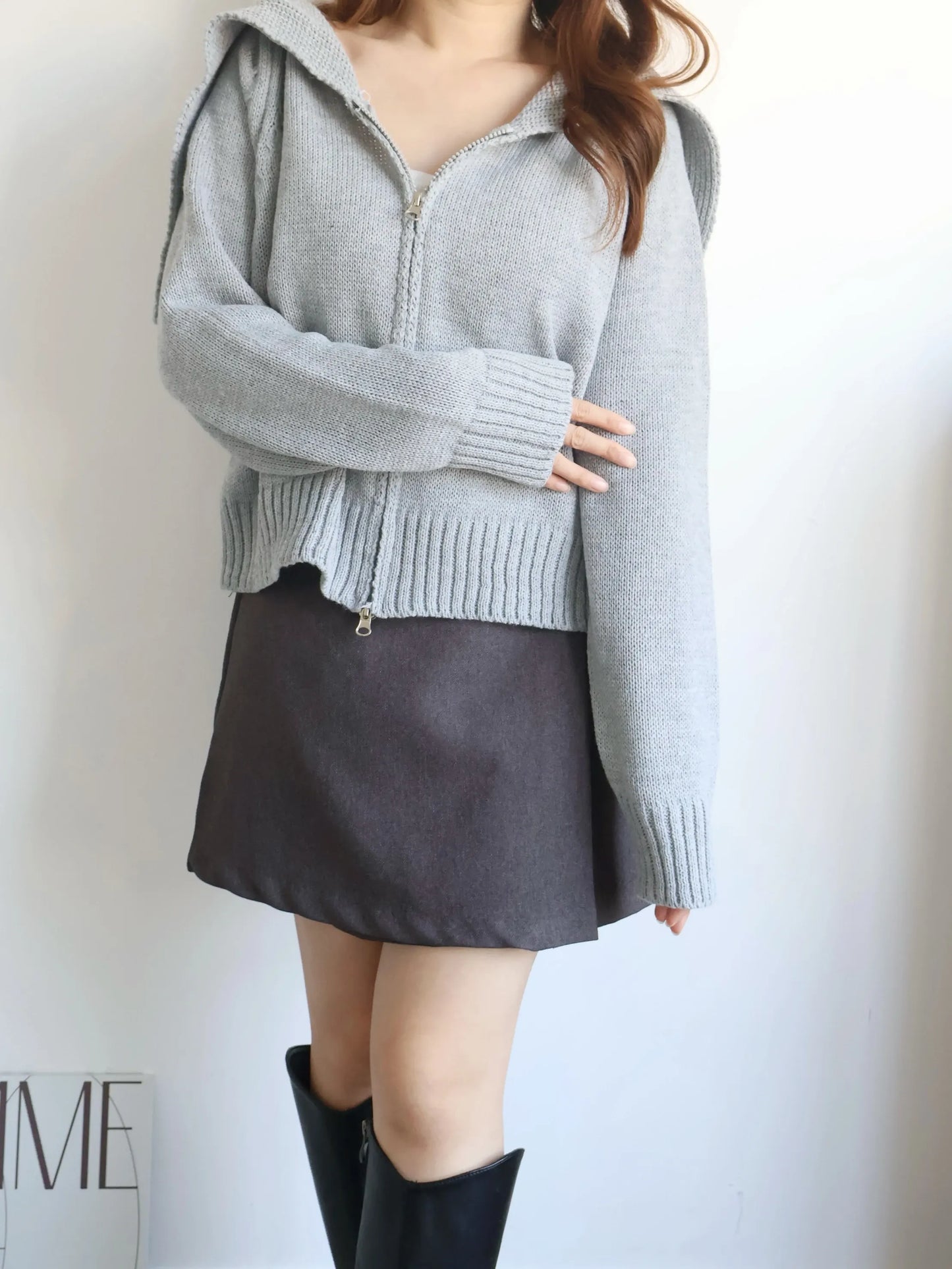 Sailor Collar Zip Cardigan(Grey)