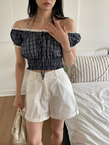 Cottagecore Lace Plaid Puff Sleeve Blouse(3 colors)