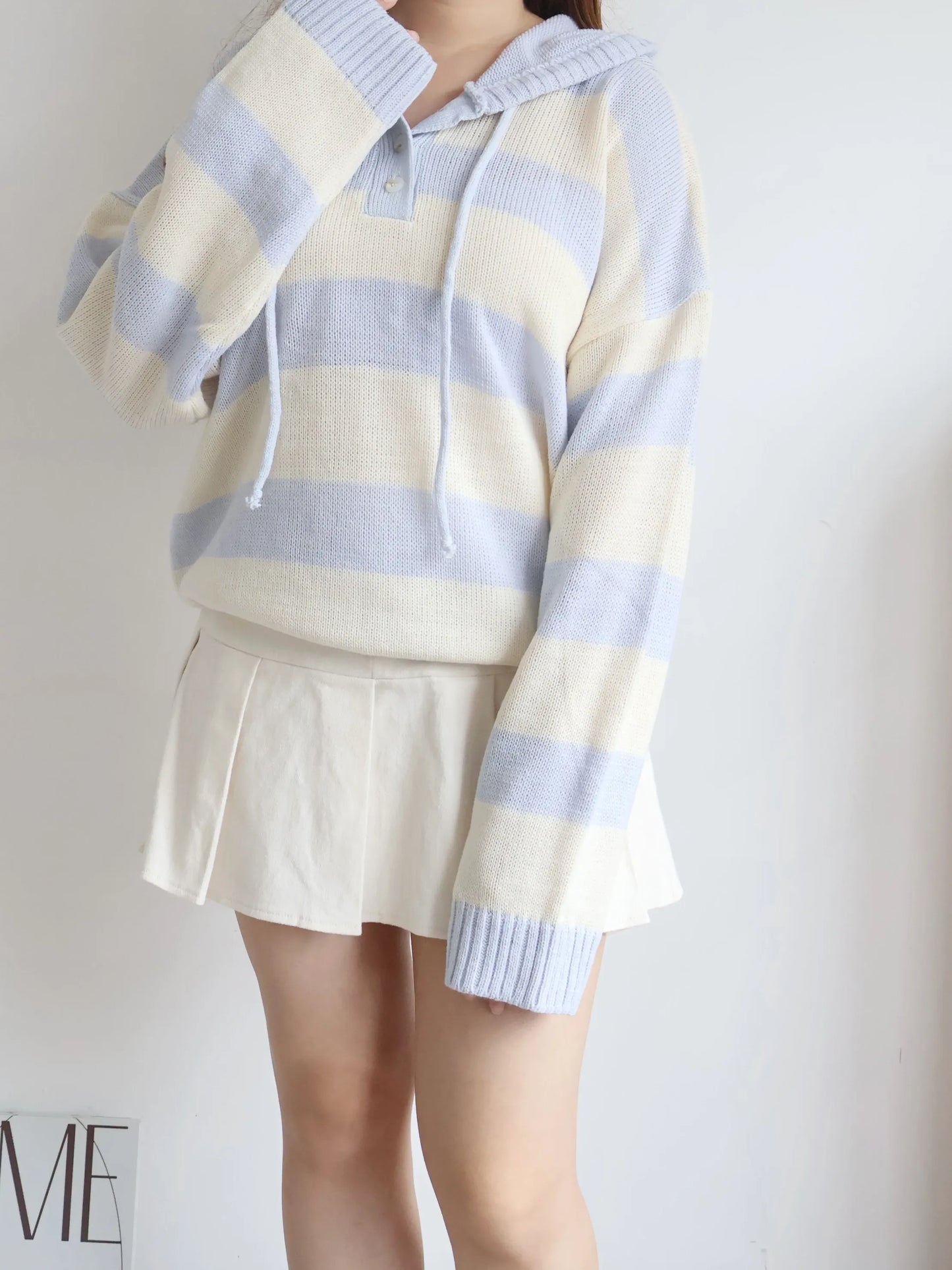 Misty Striped Knit Hoodie(Cream x Sky Blue)