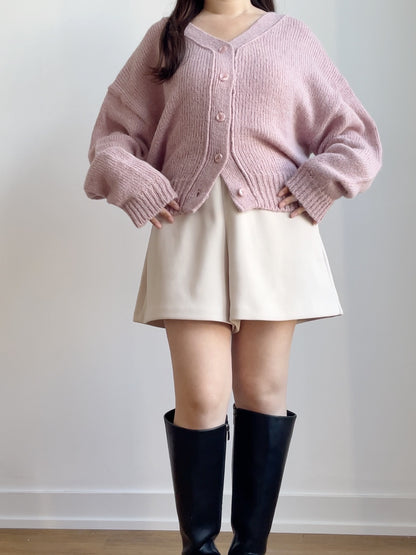 [10% WOOL] V-neck Warm Knit Cardigan (Pinkish purple)