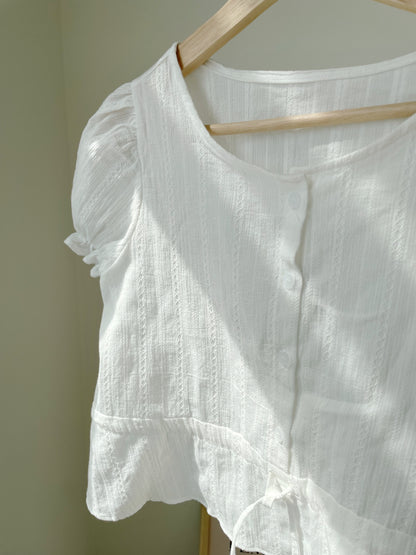 Frenchy Jacquard Cinched-Waist Cotton Blouse(2 Colors)