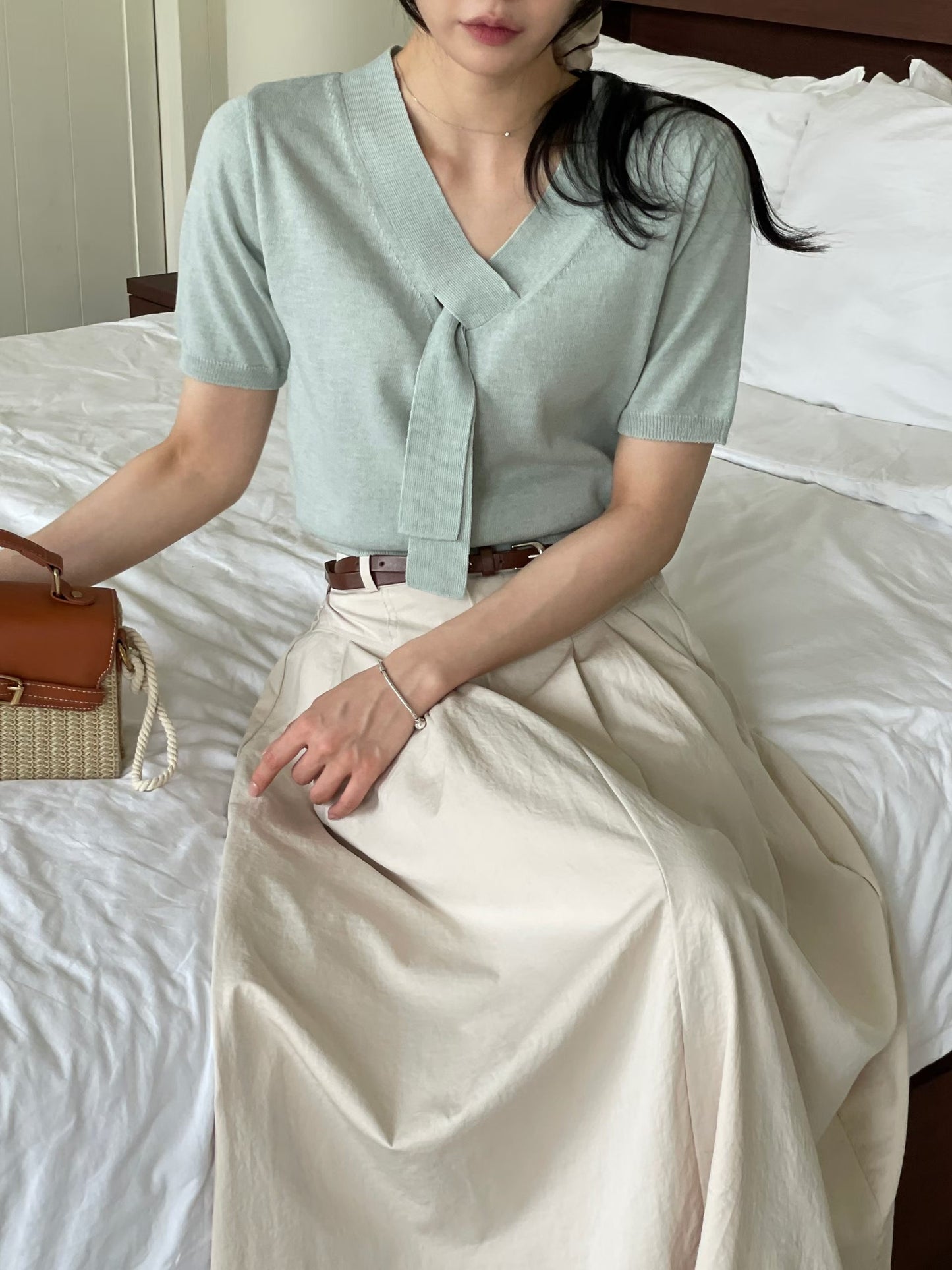 Lovely V-Neck Tie Linen Knit Top(4 Colors)