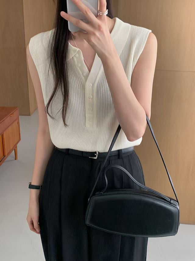 Lapel Half-Button Textured Stretch Knit Tank(2 colors)