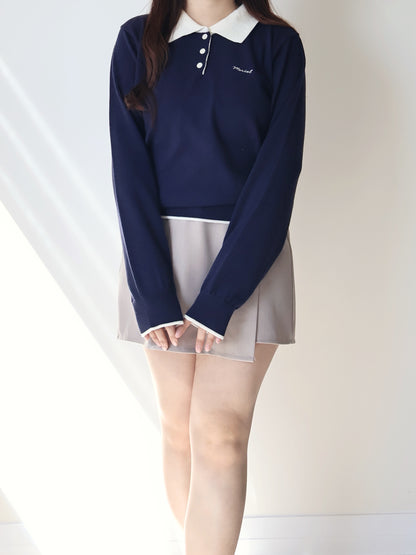 Teddy Collar Colour-Block Embroidered Soft Sweater(Navy)