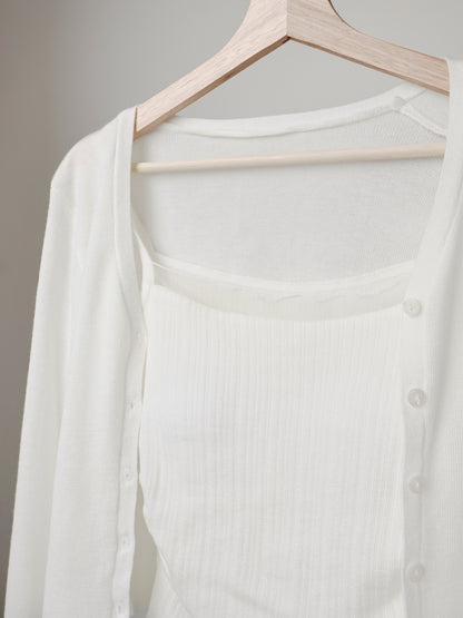 [2-Piece Set] Romantic Semi-Sheer Padded Camisole with Ultra-Soft Cardigan(Ivory)